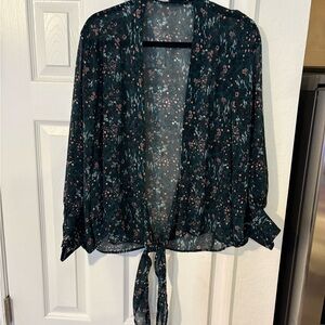 Floral Tie-Front Sheer Top - Green and Pink
